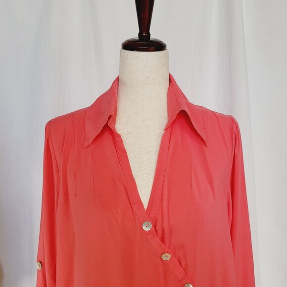 Soft Surroundings Coral Asymmetrical Button-Front Tunic Top Long Sleeve Size L - Picture 2 of 8